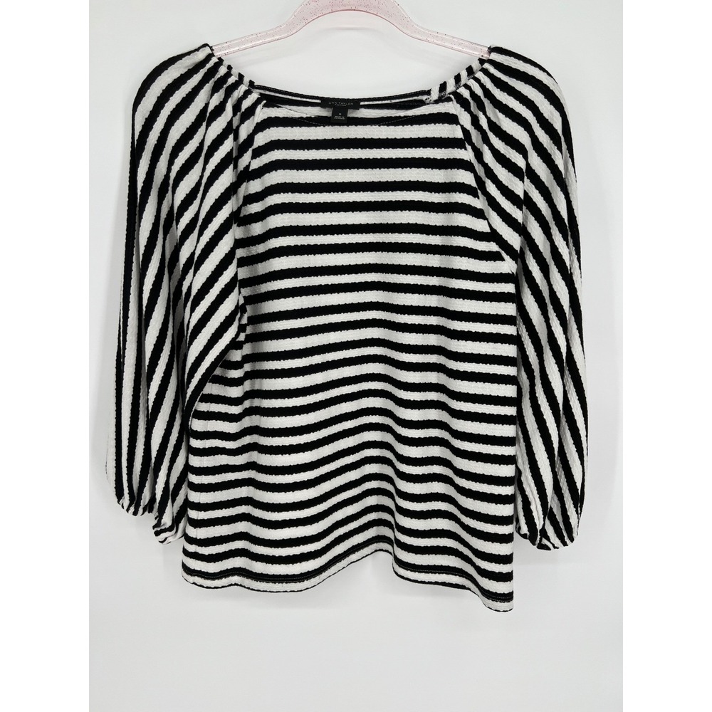 Ann Taylor Factory Striped Black White Blouse Balloon Sleeve Pullover Top Size M